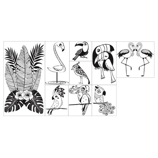 Dárková dřevěná razítka Aladine, 9 ks - Ptáci z džungle